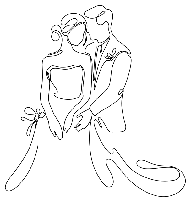 Line drawing of a bride and groom embracing